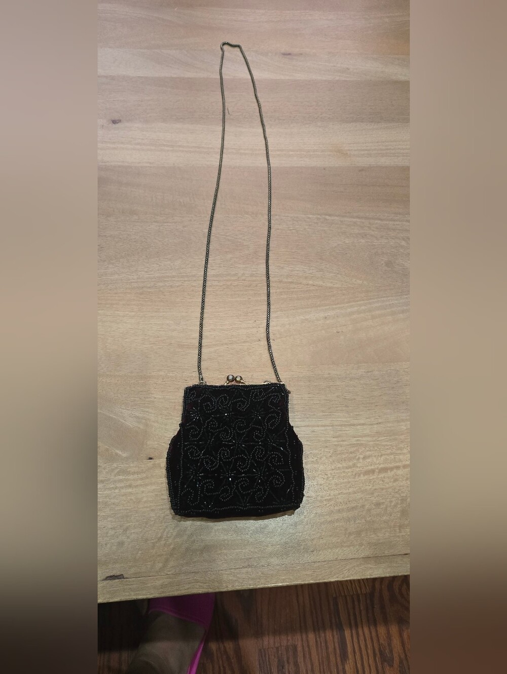 Vintage  La Regale Ltd Black Beaded Micro Evening Bag Kiss Lock Crossbody Purse